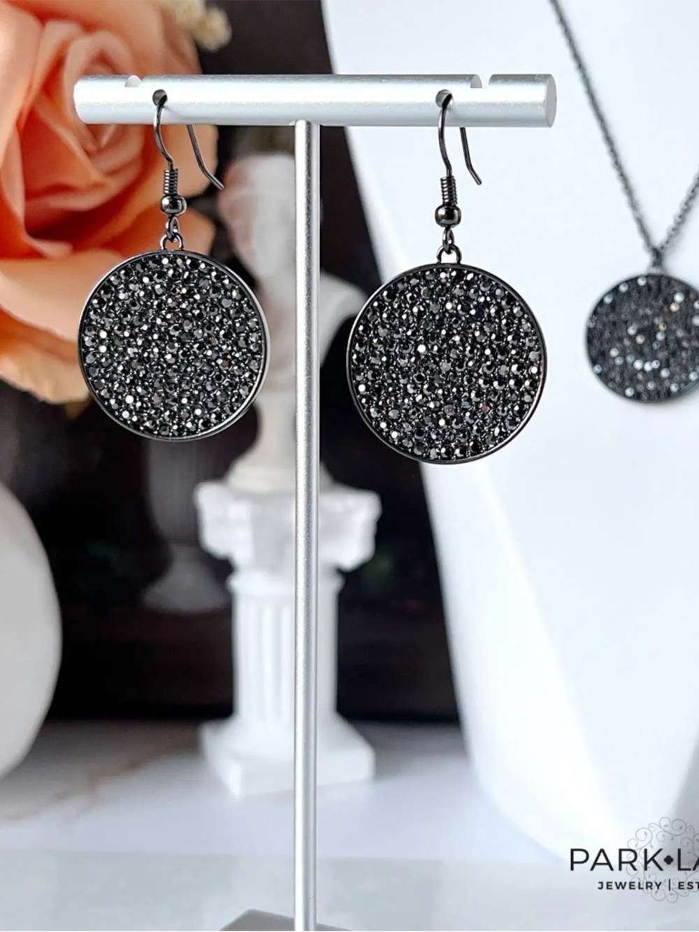 Hendrix Black Crystal Disc Drop Earrings | Hematite | Modern and Edgy | New